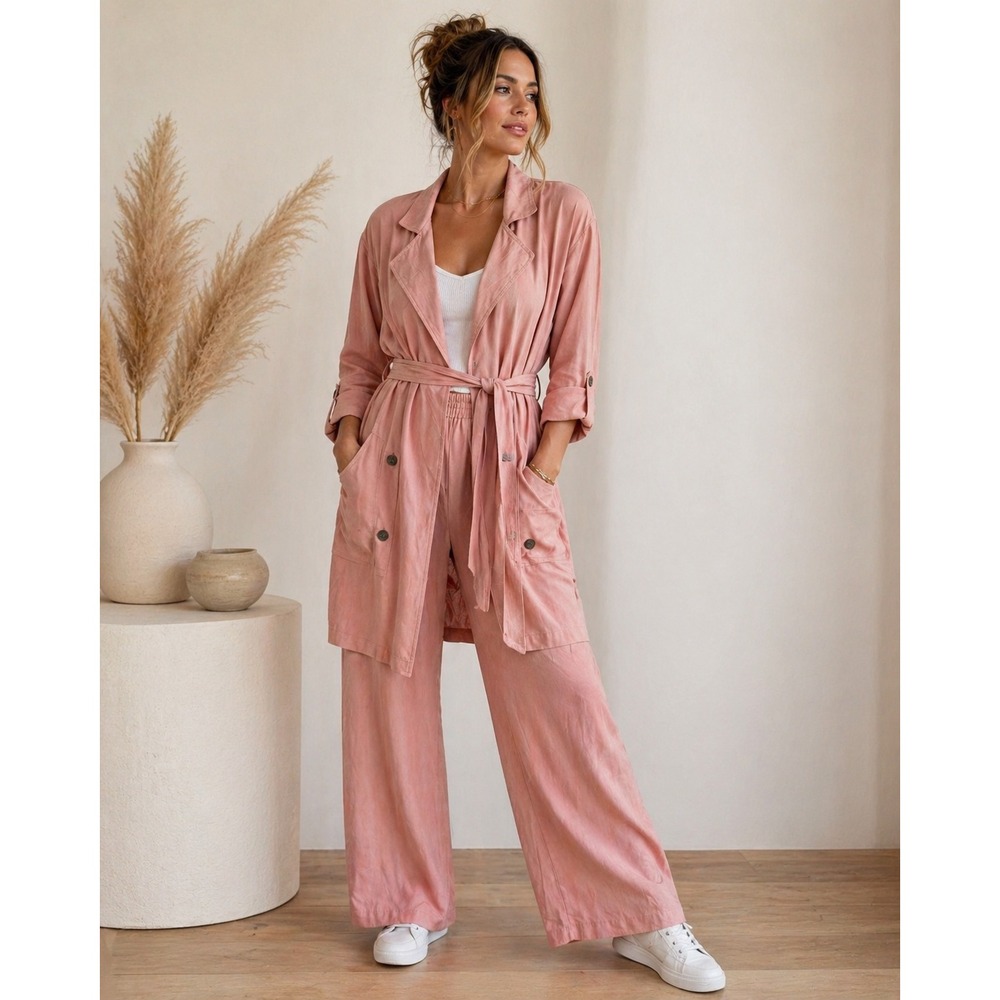 Vintage 90s Rayon Duster & Wide Leg Pants Set Dusty Rose Size 8 Carole Little